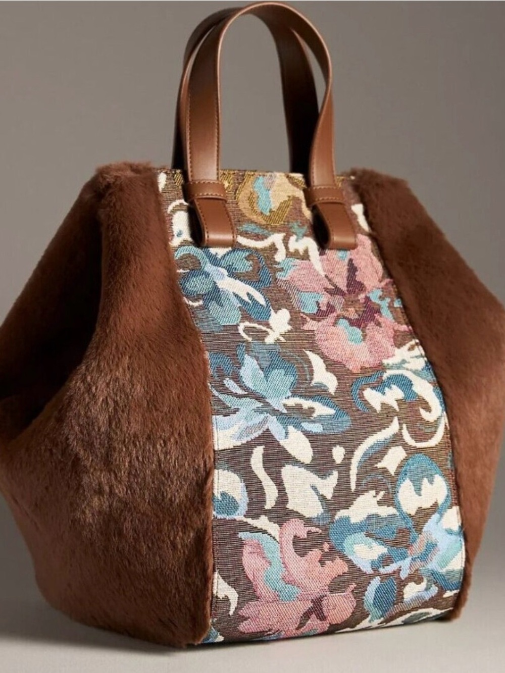 Anthropologie Carpet Floral Print Faux Fur Satchel